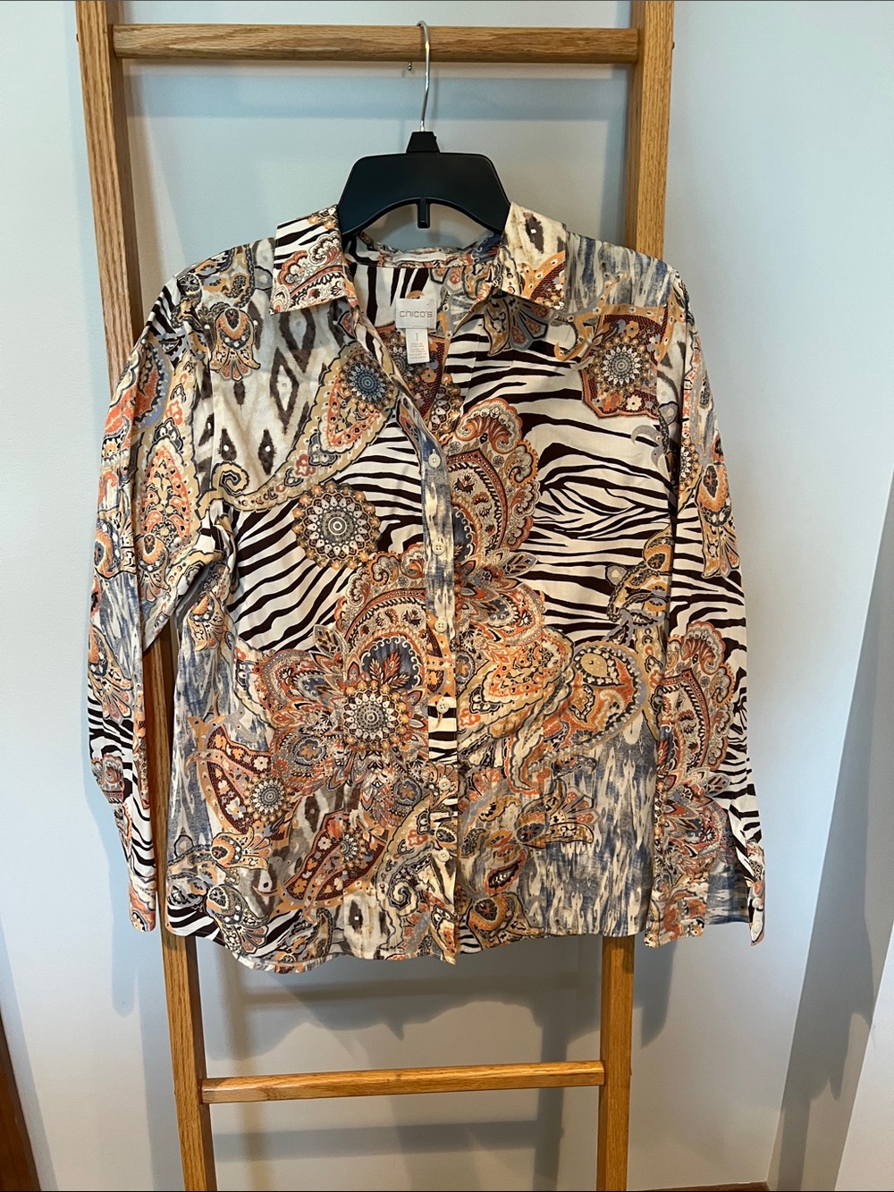 Chico's Multicolor Paisley & Zebra Print Button-Up Blouse